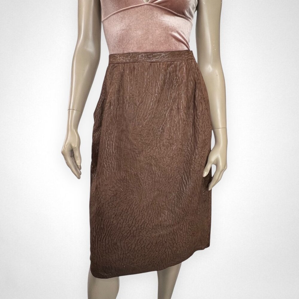 Vintage SMALL Brown 100% Leather Animal Print Skirt‎ With Pockets
